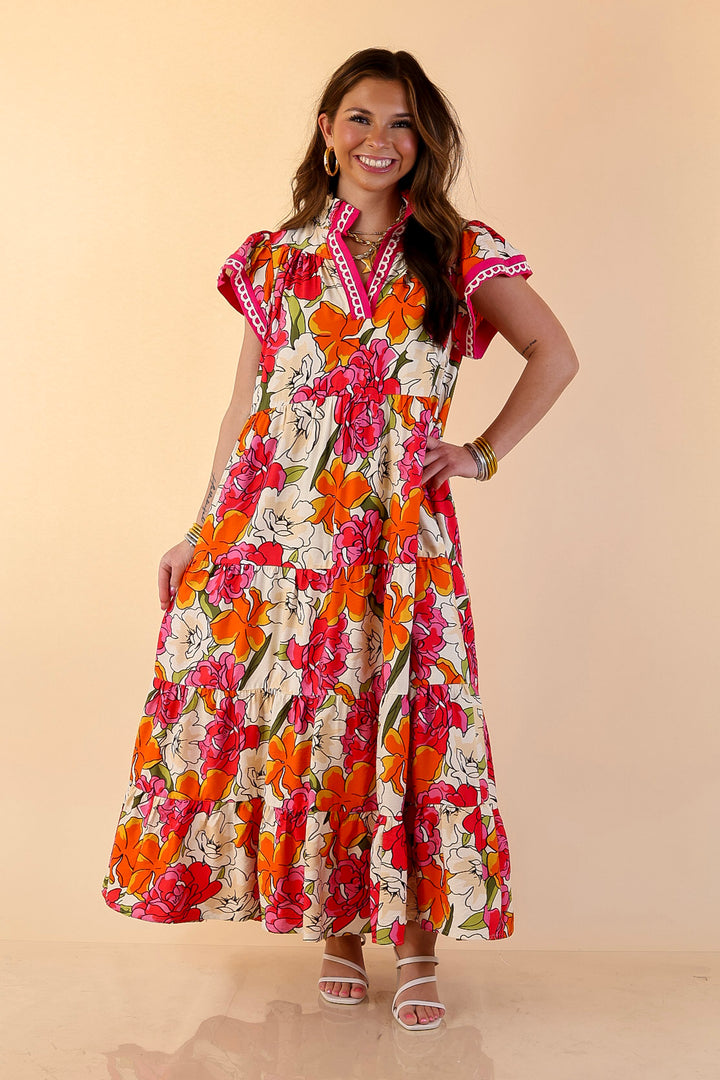 Spring Symphony Floral Print Tiered Midi Dress with Flutter Sleeves in Pink and Orange