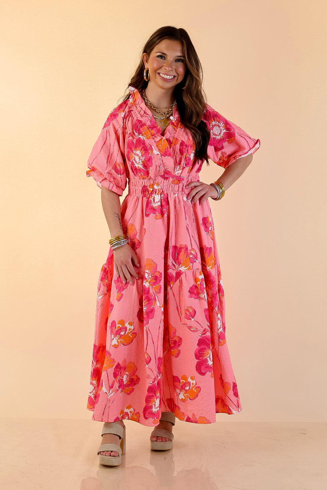 Breezy Belle Floral Print Textured Puff Sleeve Midi Dress with Smocked Waist in Pink Mix