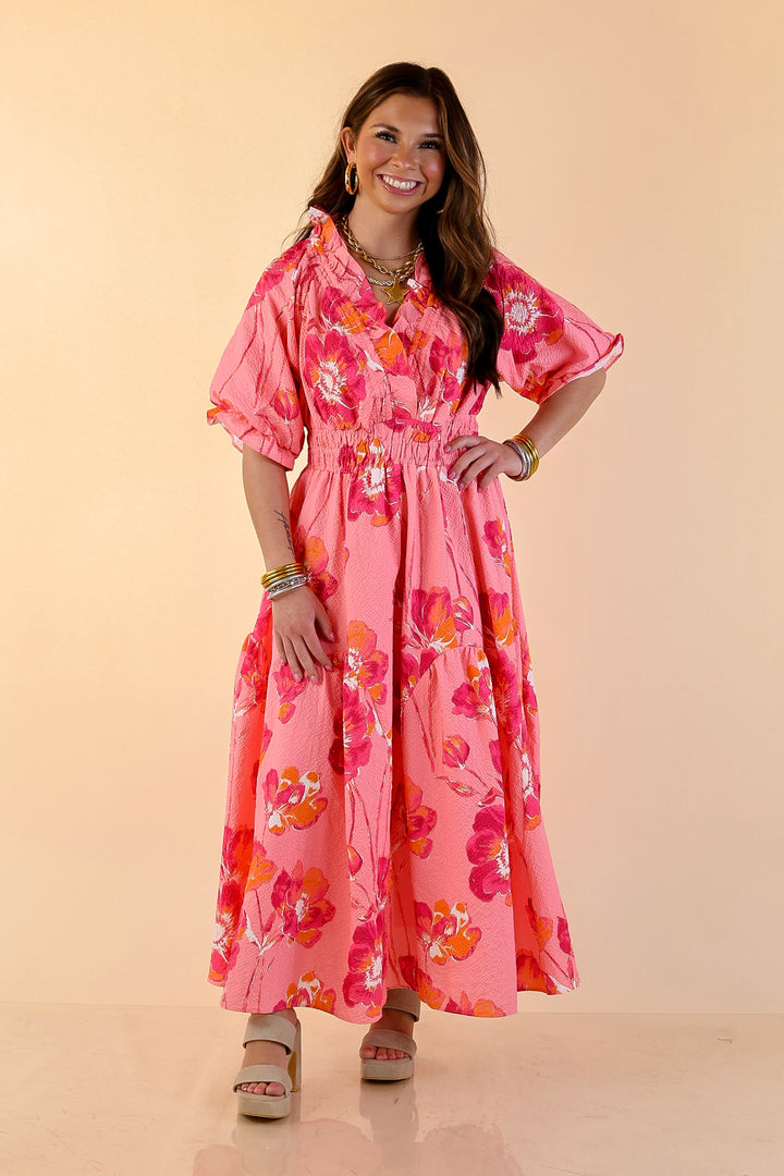 Breezy Belle Floral Print Textured Puff Sleeve Midi Dress with Smocked Waist in Pink Mix