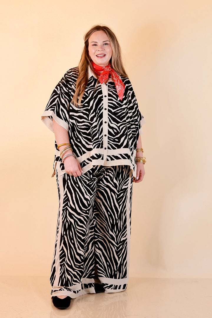 First Class Chic Button Front Collared Top with Matching Wide Leg Pants Set in Black and Ivory Zebra Print