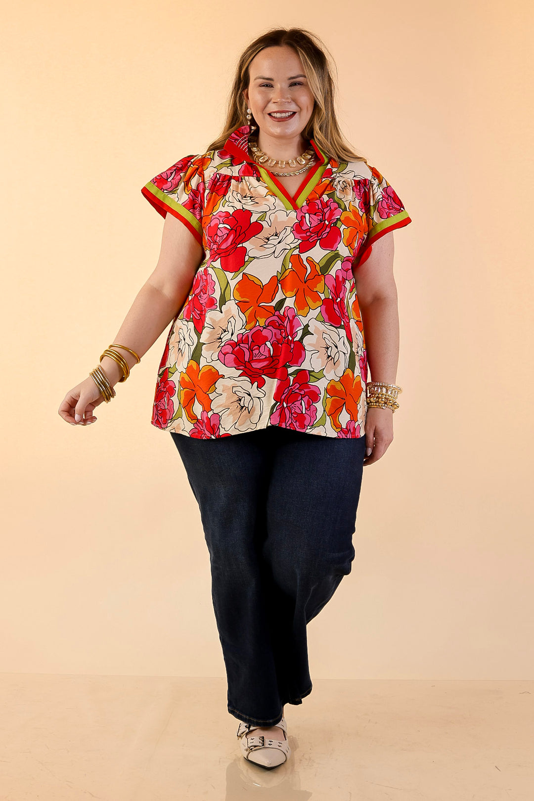 Spring Symphony Floral Print Flutter Sleeve Top with Contrast Trim Split Neckline in Pink and Orange