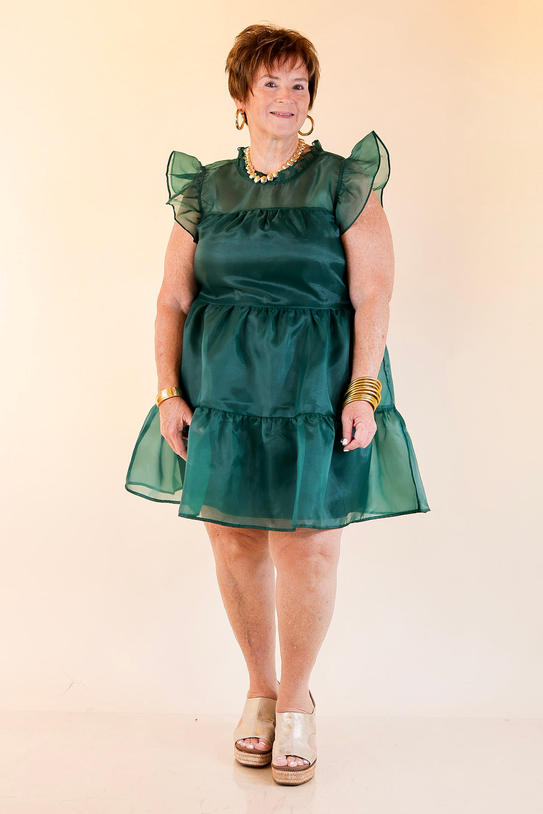 Mud Pie | Jane High Neck Sheer Tulle Ruffle Tiered Dress in Forest Green