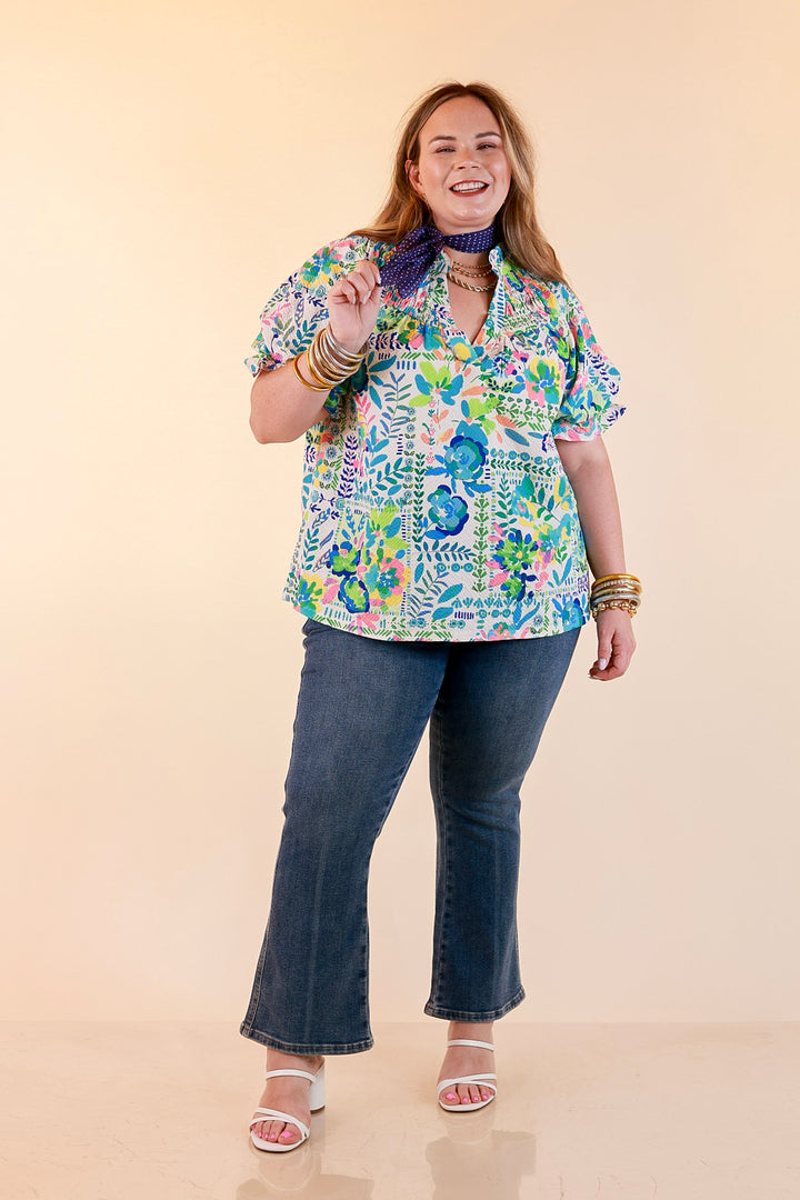 Living in Color Watercolor Floral Print Textured Top with Puff Sleeves in Ivory