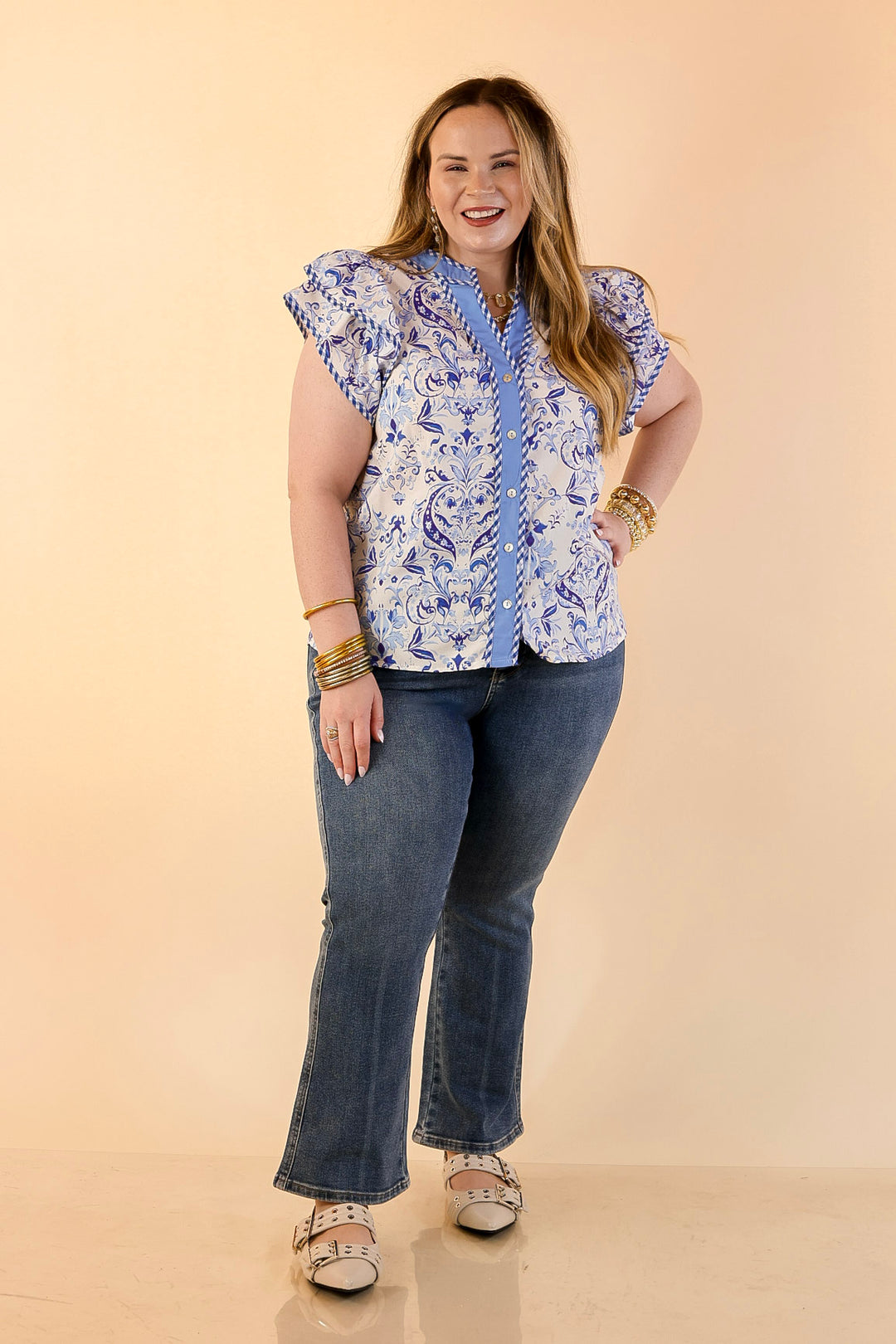 Sassy Sophistication Paisley Print Button Down Flutter Sleeve Top in Blue and White