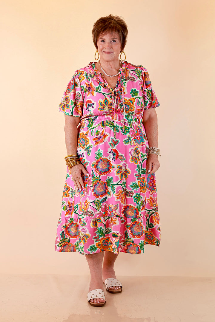 Color Me Happy Floral Print Midi Dress with Tie Neckline and Puff Sleeves in Pink