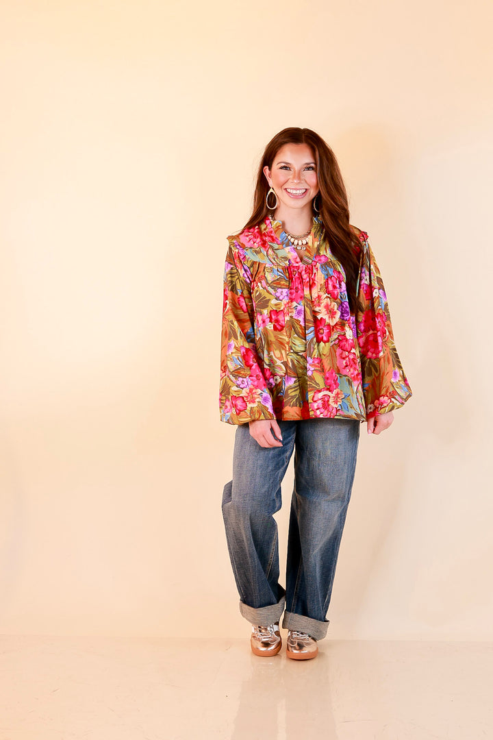 Garden Social Long Sleeve Ruffle Shoulder V-Neck Flowy Floral Print Blouse in Olive Green Multi