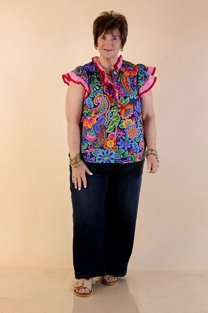 Flourish and Flow Paisley Floral Print Ruffle Flutter Sleeve Top with Split Neckline in Navy Blue
