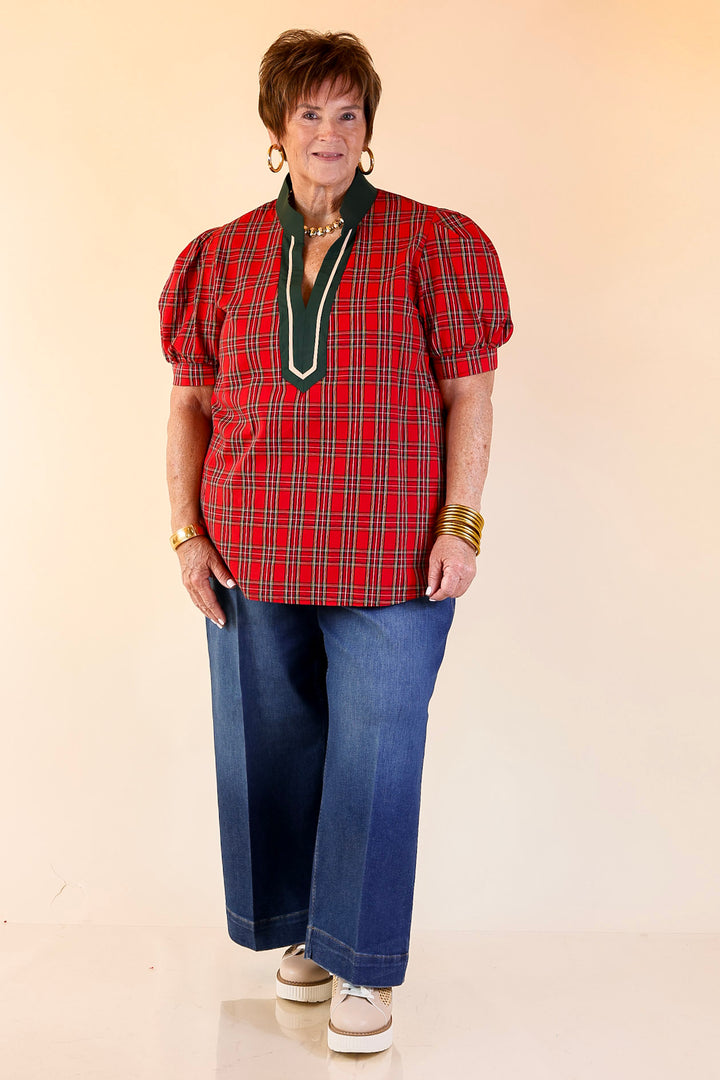 Chic Statement V Neck Plaid Top with Short Balloon Sleeves and Green Trim in Red