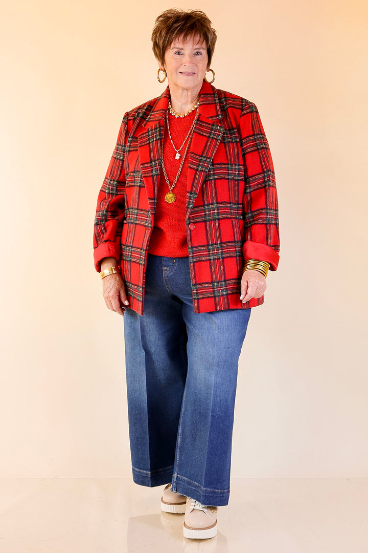 Season to Shine Long Sleeve Tartan Plaid Blazer in Red