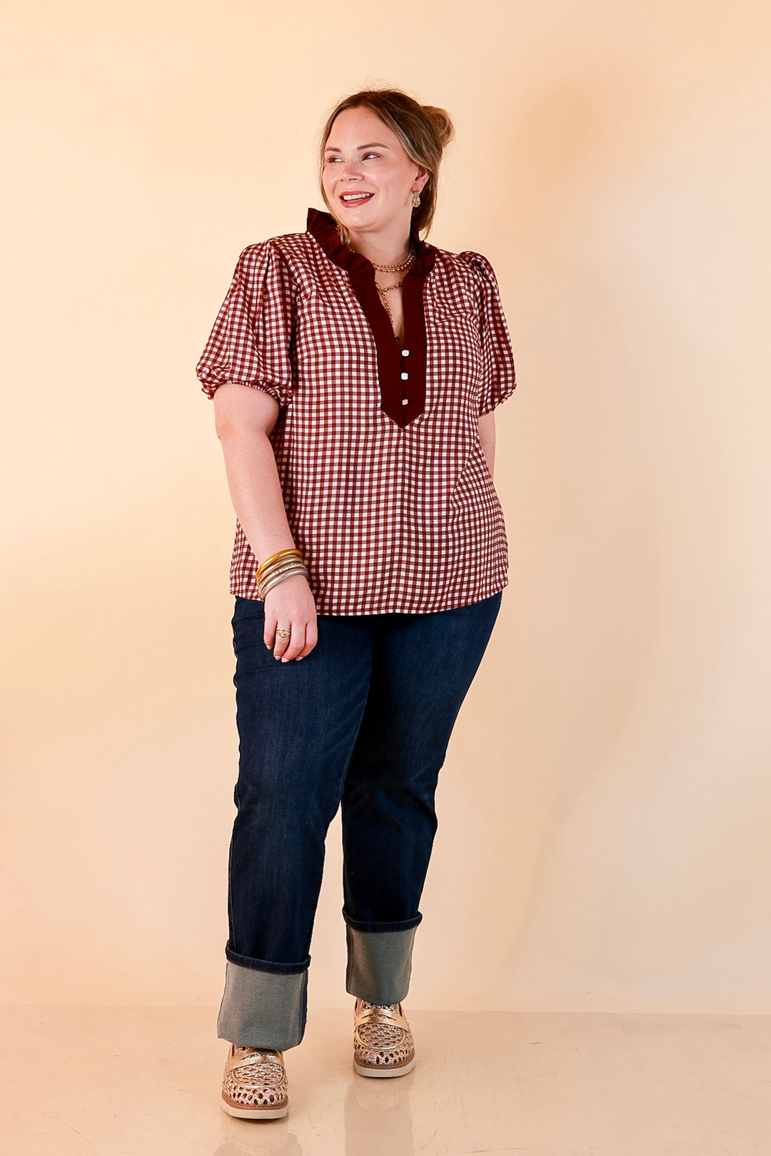 Check the Agenda Contrast V-Neck Button Detail Gingham Puff Sleeve Top in Maroon and Ivory