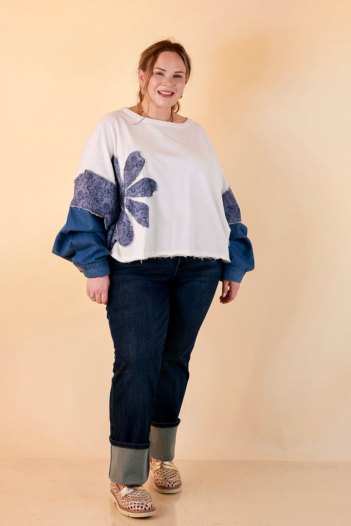 Blooming Details Oversized Floral Appliqué Contrast Sleeve Raw Hem Top in Ivory and Denim Blue