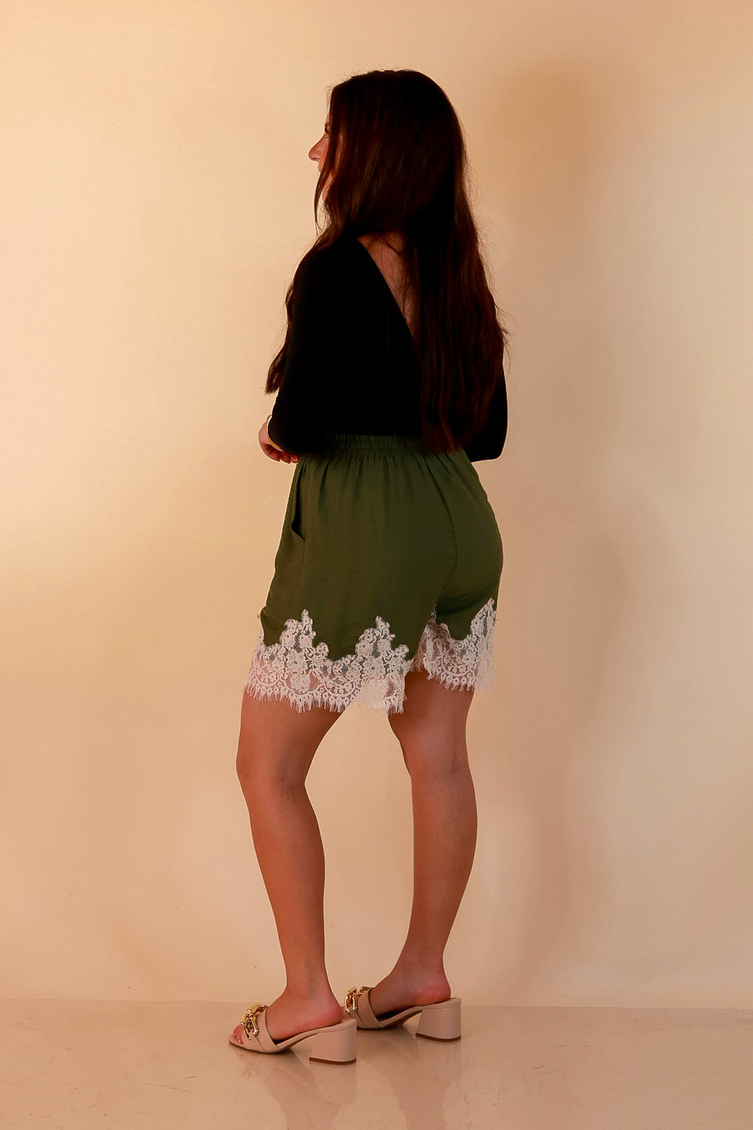 Pretty Little Something Solid Drawstring Shorts with Lace Trim in Olive Green