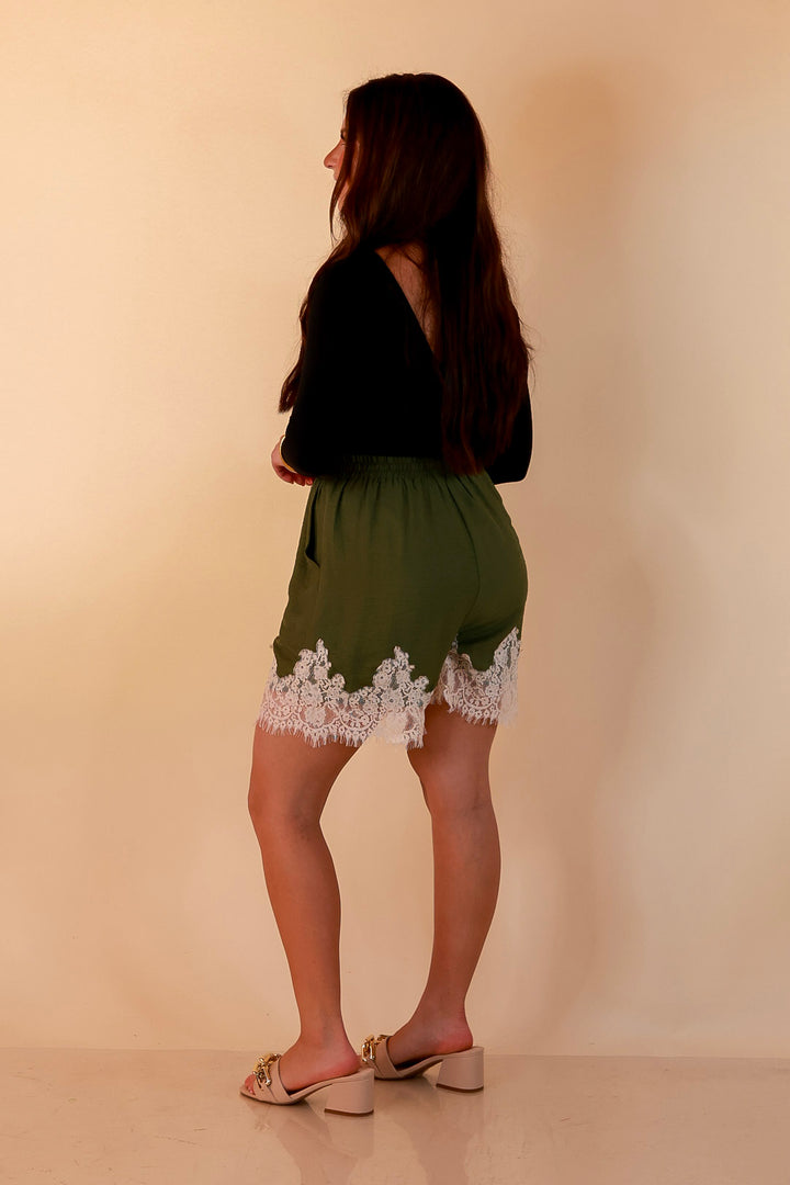 Pretty Little Something Solid Drawstring Shorts with Lace Trim in Olive Green