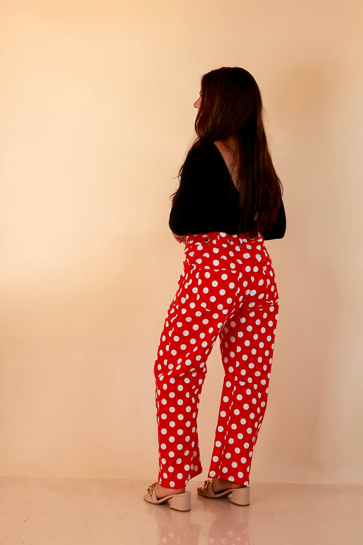 Just My Type Polka Dot Wide Leg Barrel Jeans with Drawstring Waist and Pockets in Red and White