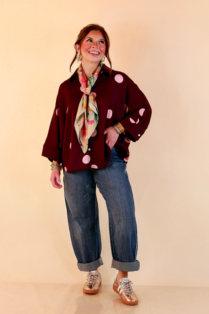 Two of a Kind Oversized Long Sleeve Button Down Blush Pink Polka Dot Blouse in Maroon