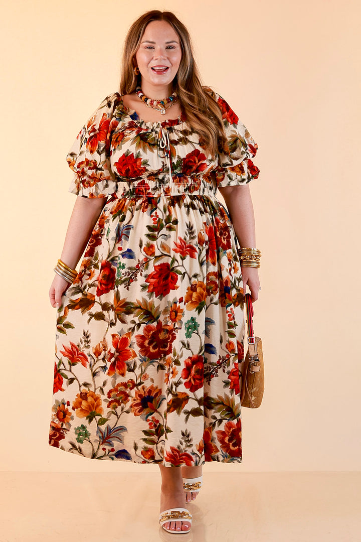 Autumn in the Air Puff Sleeve Smocked Waist Floral Print Tiered Midi Dress in Ivory Multi