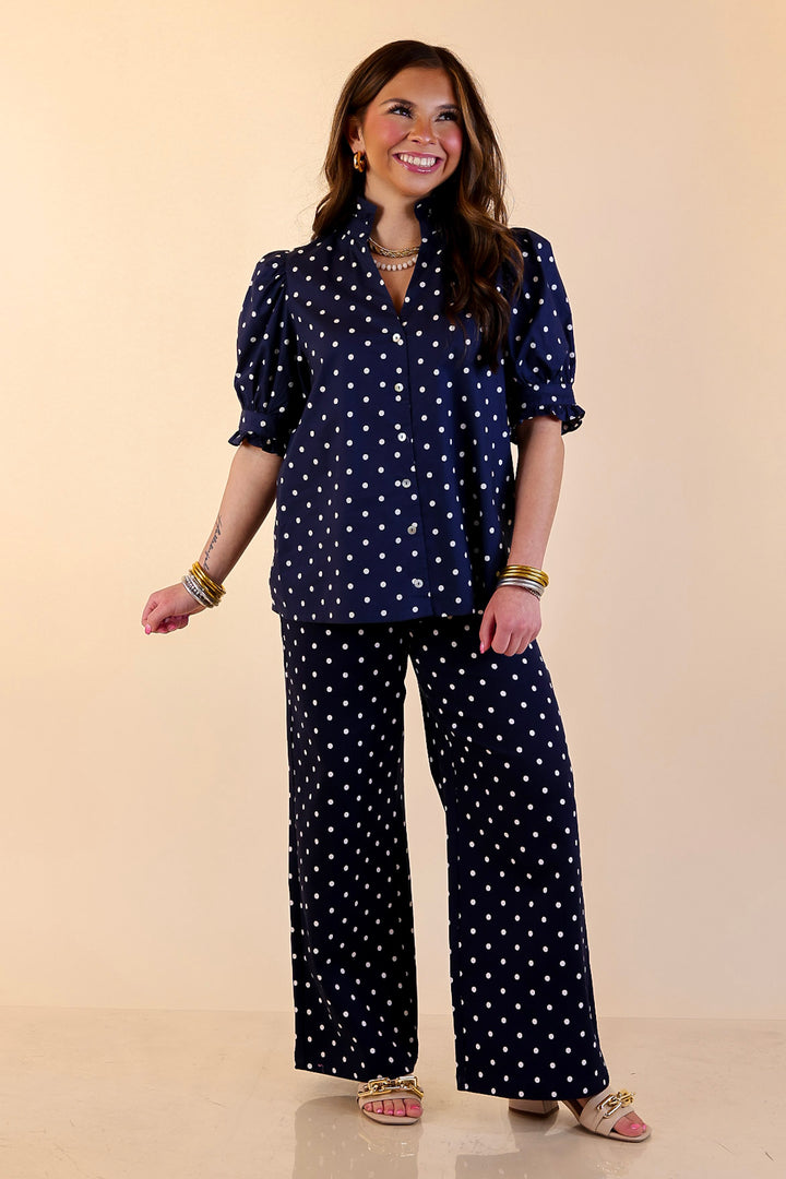 Poised and Polished Button Front Puff Sleeve Top with Polka Dot Print in Navy Blue and White