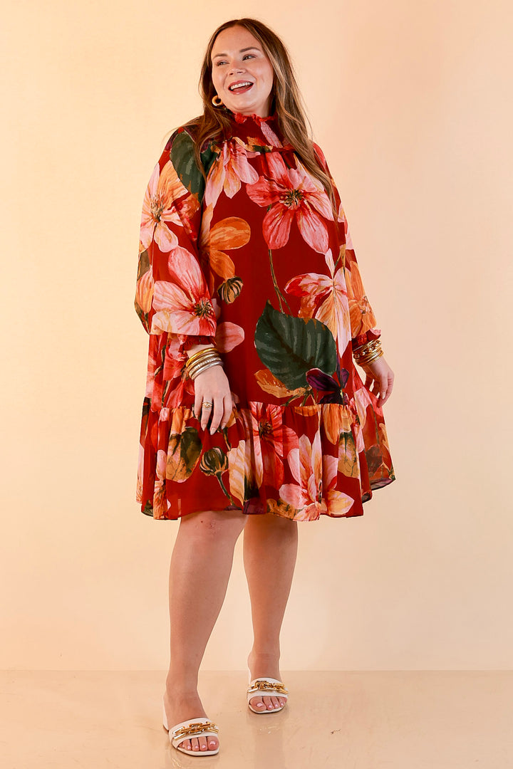 Autumn Romance Ruffle Neck Long Sleeve Floral Peplum Dress in Rust Red Multi