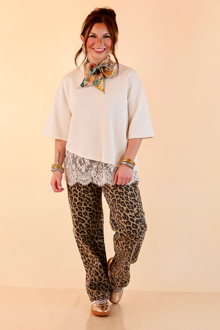 Laced with Charm Oversized Asymmetrical Lace Trim Boxy Top in Ivory