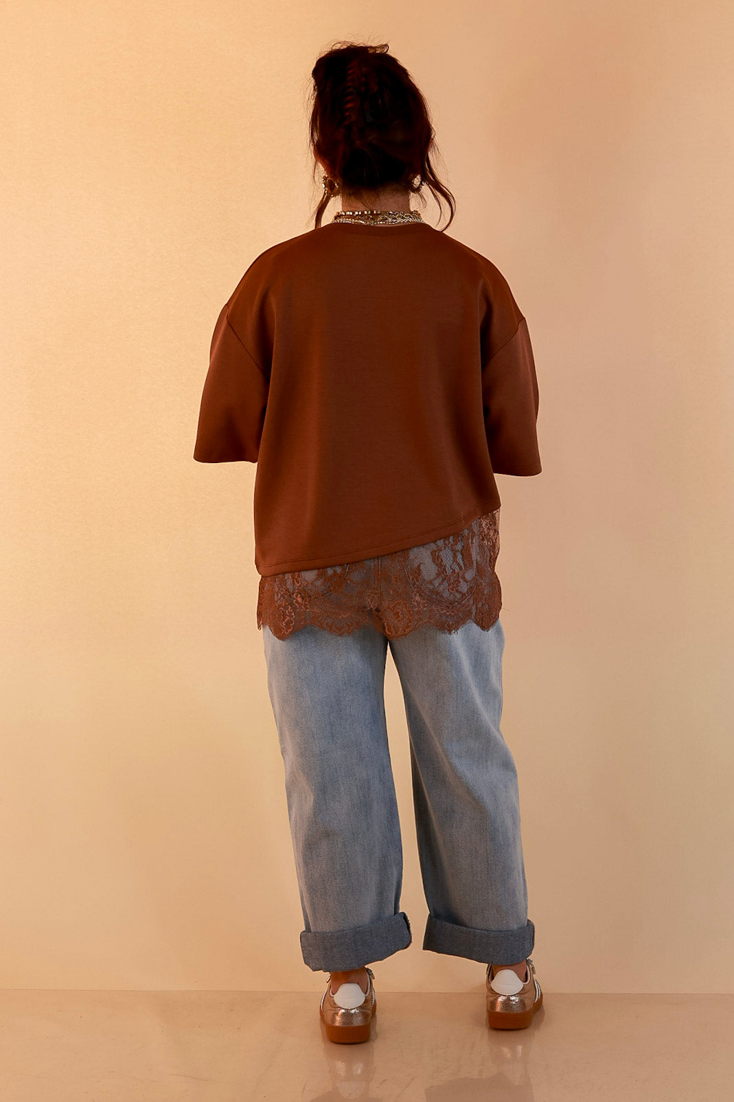 Laced with Charm Oversized Asymmetrical Lace Trim Boxy Top in Coco Brown