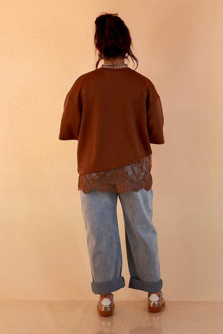 Laced with Charm Oversized Asymmetrical Lace Trim Boxy Top in Coco Brown
