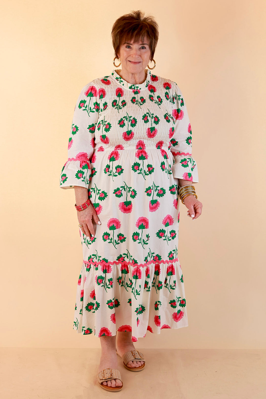Mud Pie | Petal Parade Smocked Floral Print Tiered Midi Dress with Scallop Trim in Cream Multi