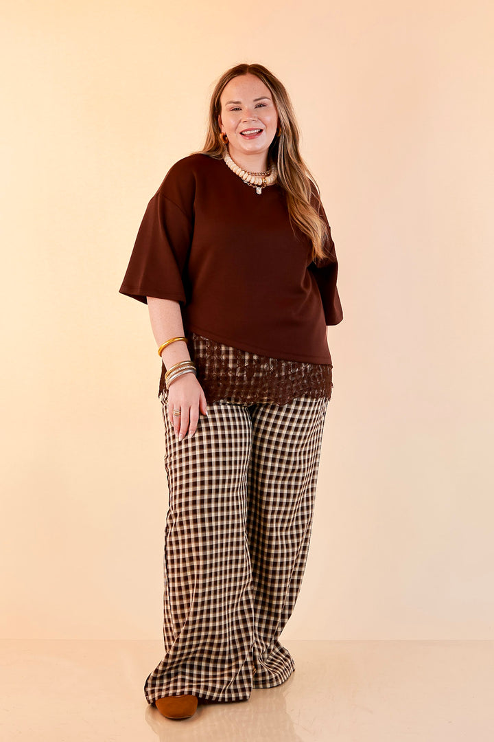 Laced with Charm Oversized Asymmetrical Lace Trim Boxy Top in Chocolate Brown