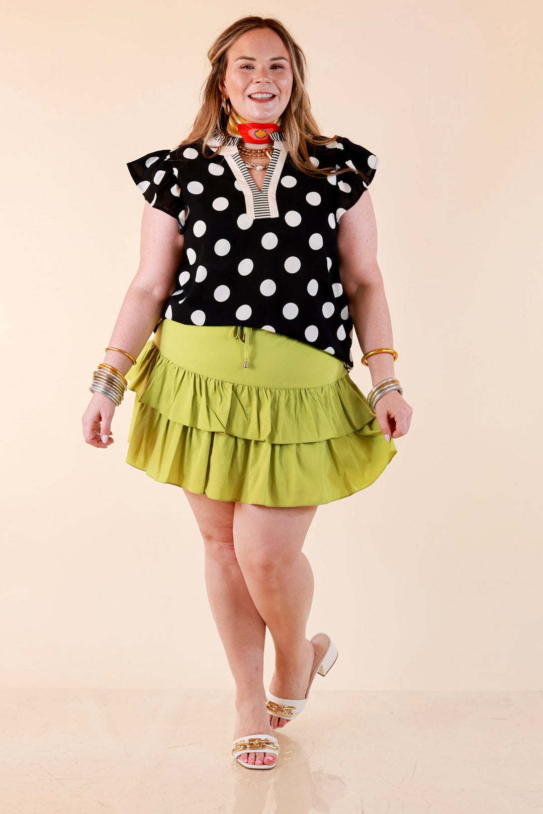 In Good Company Large Polka Dot Blouse with Ruffle Sleeves and Contrast Trim and Collar in Black with Cream Dots
