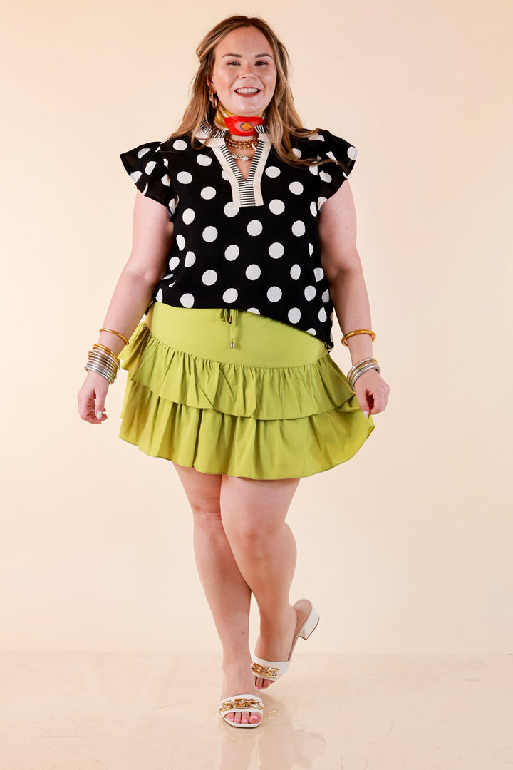 In Good Company Large Polka Dot Blouse with Ruffle Sleeves and Contrast Trim and Collar in Black with Cream Dots