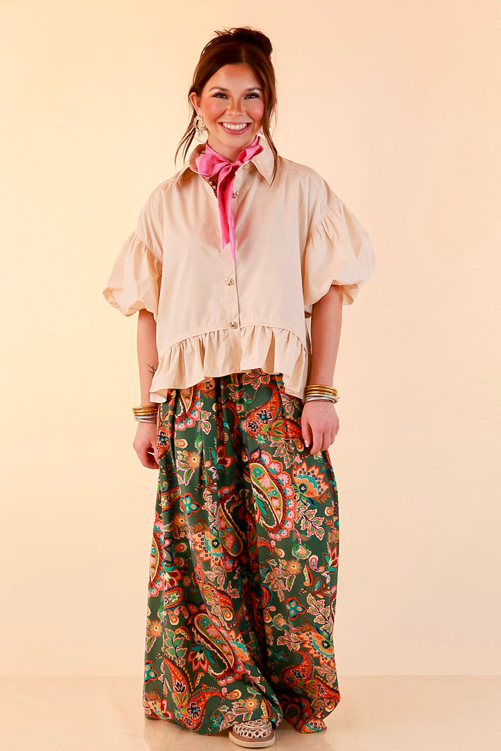 Style in Session Solid Button Down Peplum Bubble Sleeve Top in Ivory