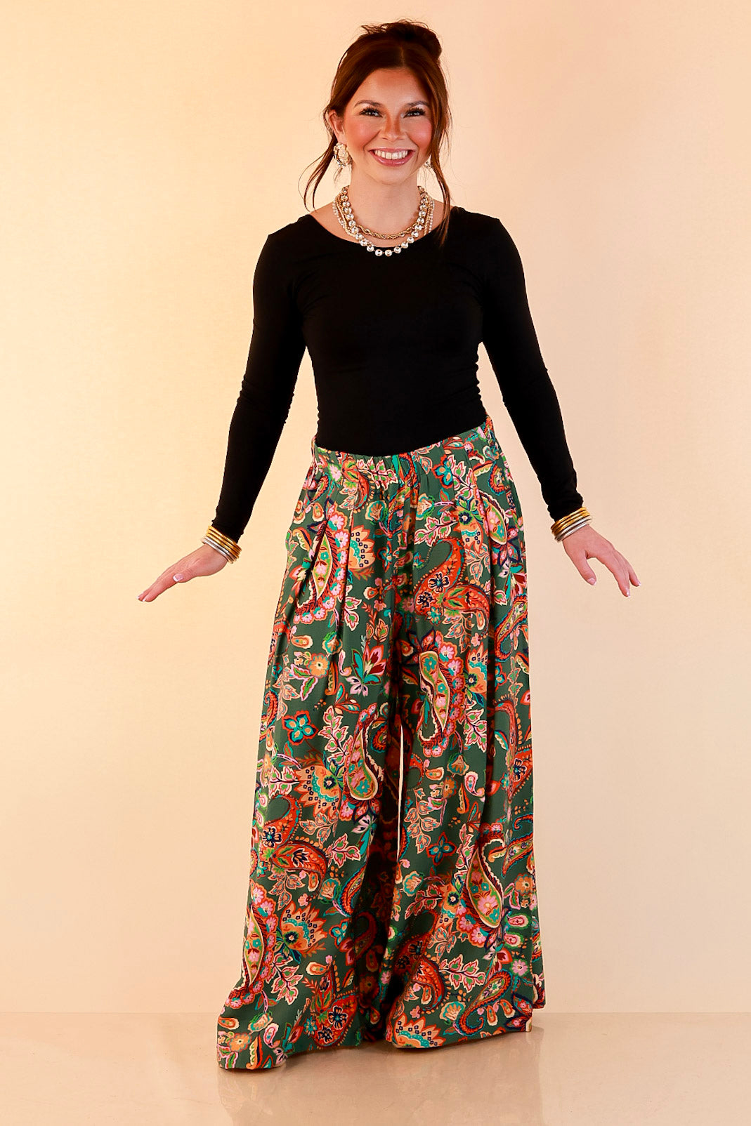 Free to Be Paisley Print Wide Leg Elastic Waist Pants in Olive Green