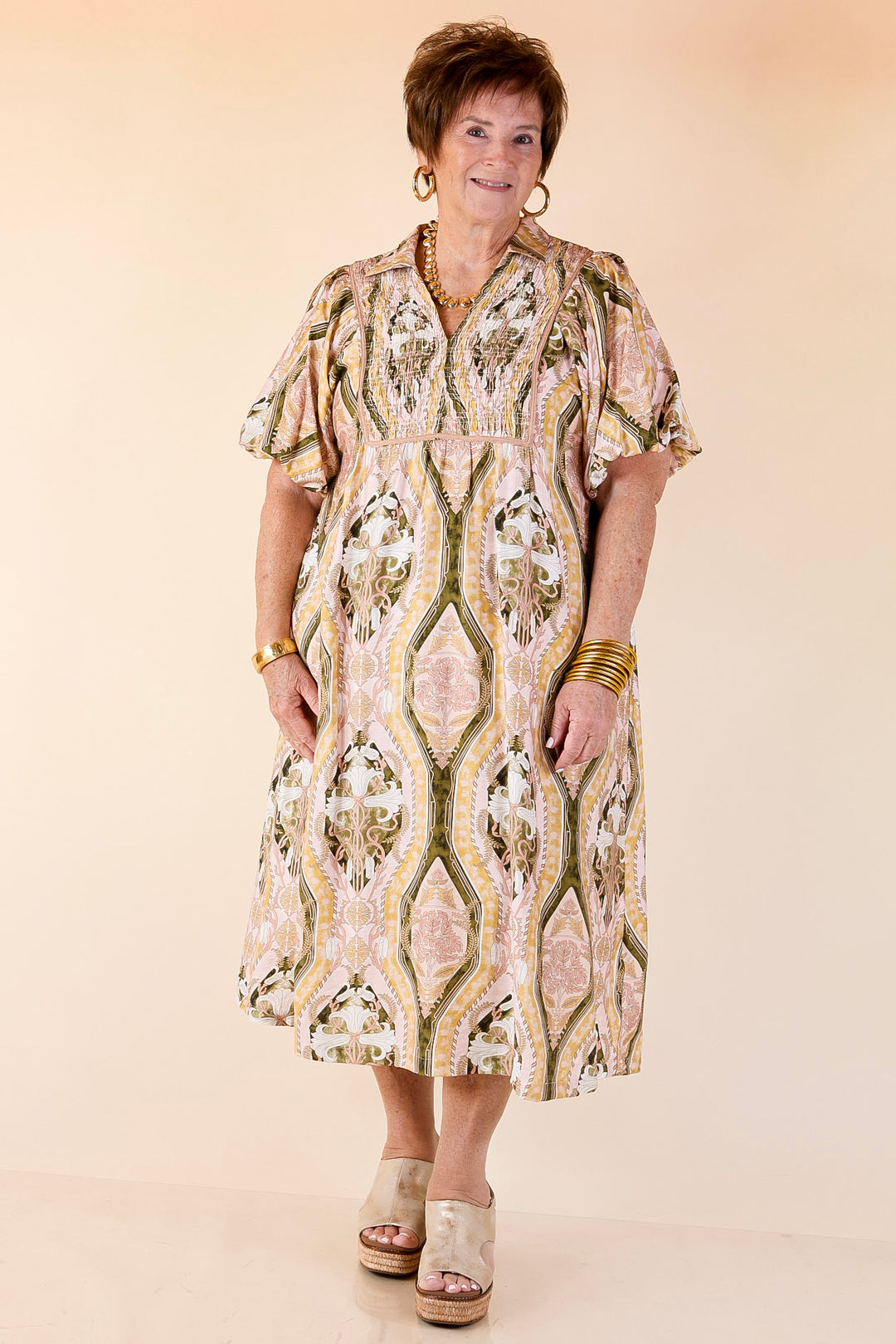 Whimsical Wonder Floral Abstract Print Collared Midi Dress in Pink and Olive Green Mix