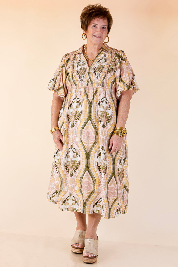 Whimsical Wonder Floral Abstract Print Collared Midi Dress in Pink and Olive Green Mix