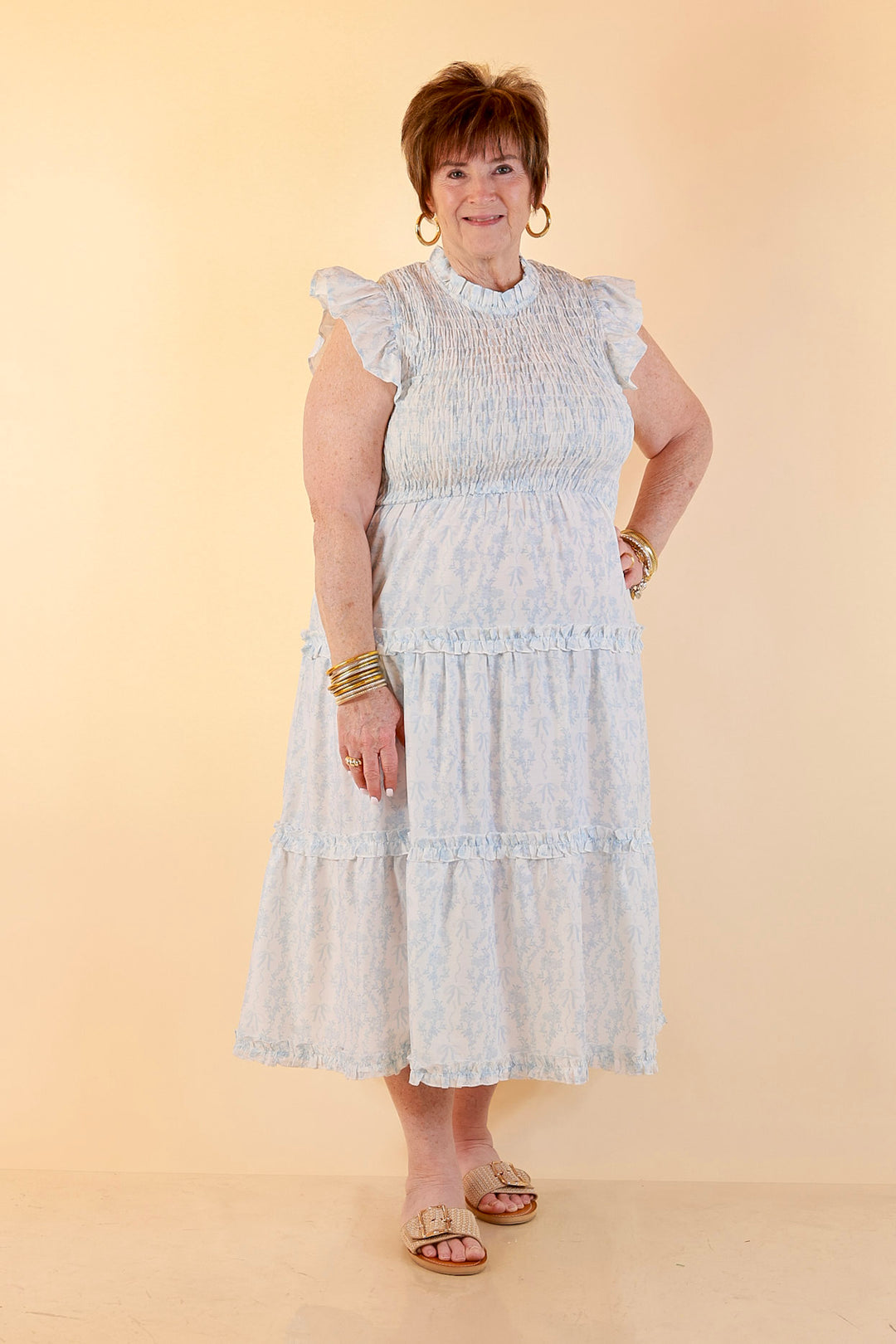 Mud Pie | Graceful Charm Smocked Toile Print Tiered Midi Dress with Ruffle Sleeves in Blue and White