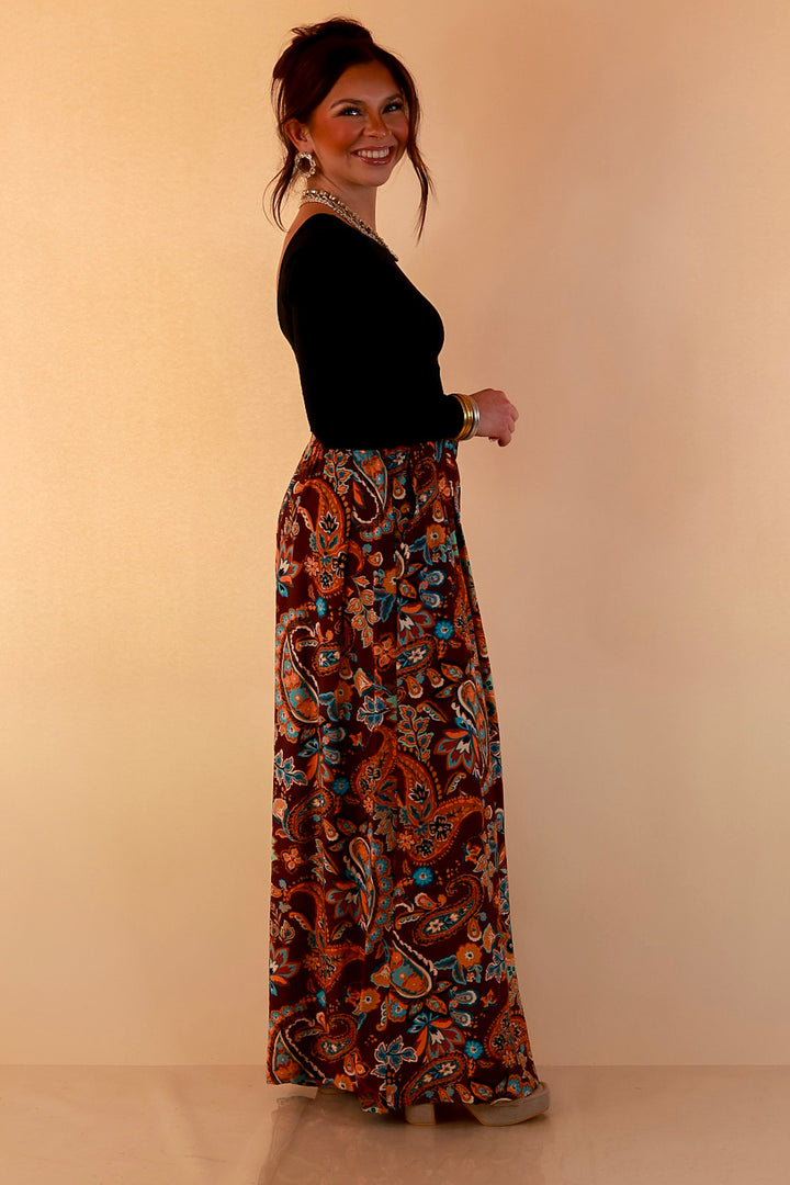 Free to Be Paisley Print Wide Leg Elastic Waist Pants in Chocolate Brown