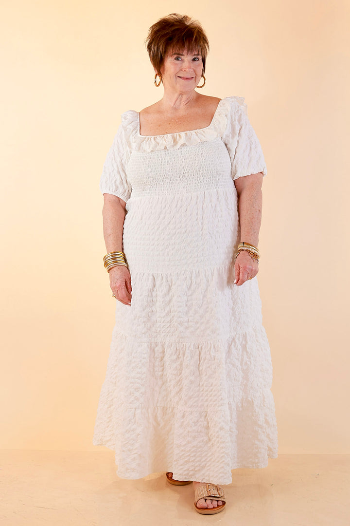 Simply Southern | Radiant Moment Textured Smocked Bodice Tiered Maxi Dress with Puff Sleeves in White