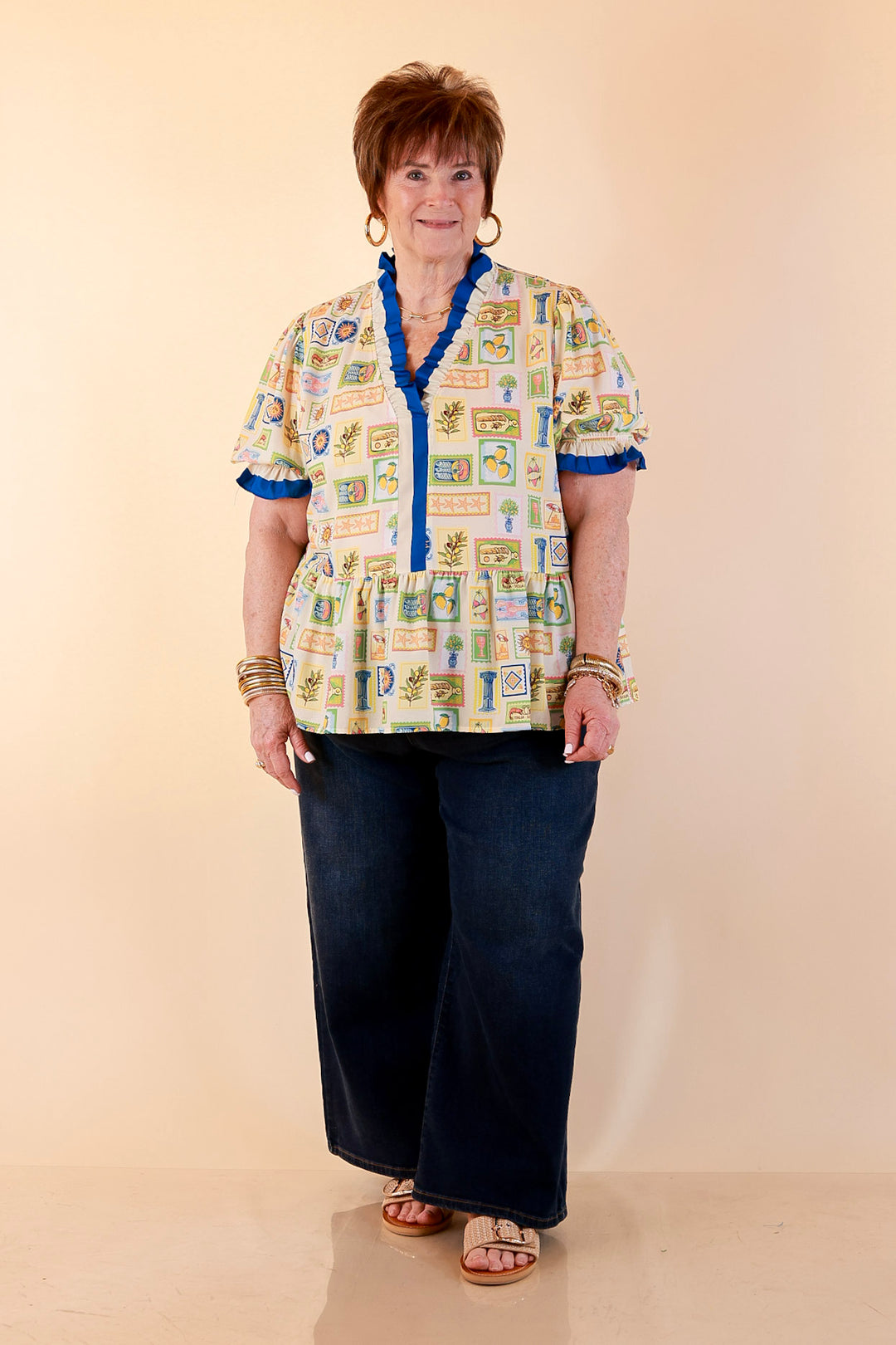 Simply Southern | Sunny Side Style Mediterranean Tile Print Peplum Top with Ruffle Trim in Cream Multi