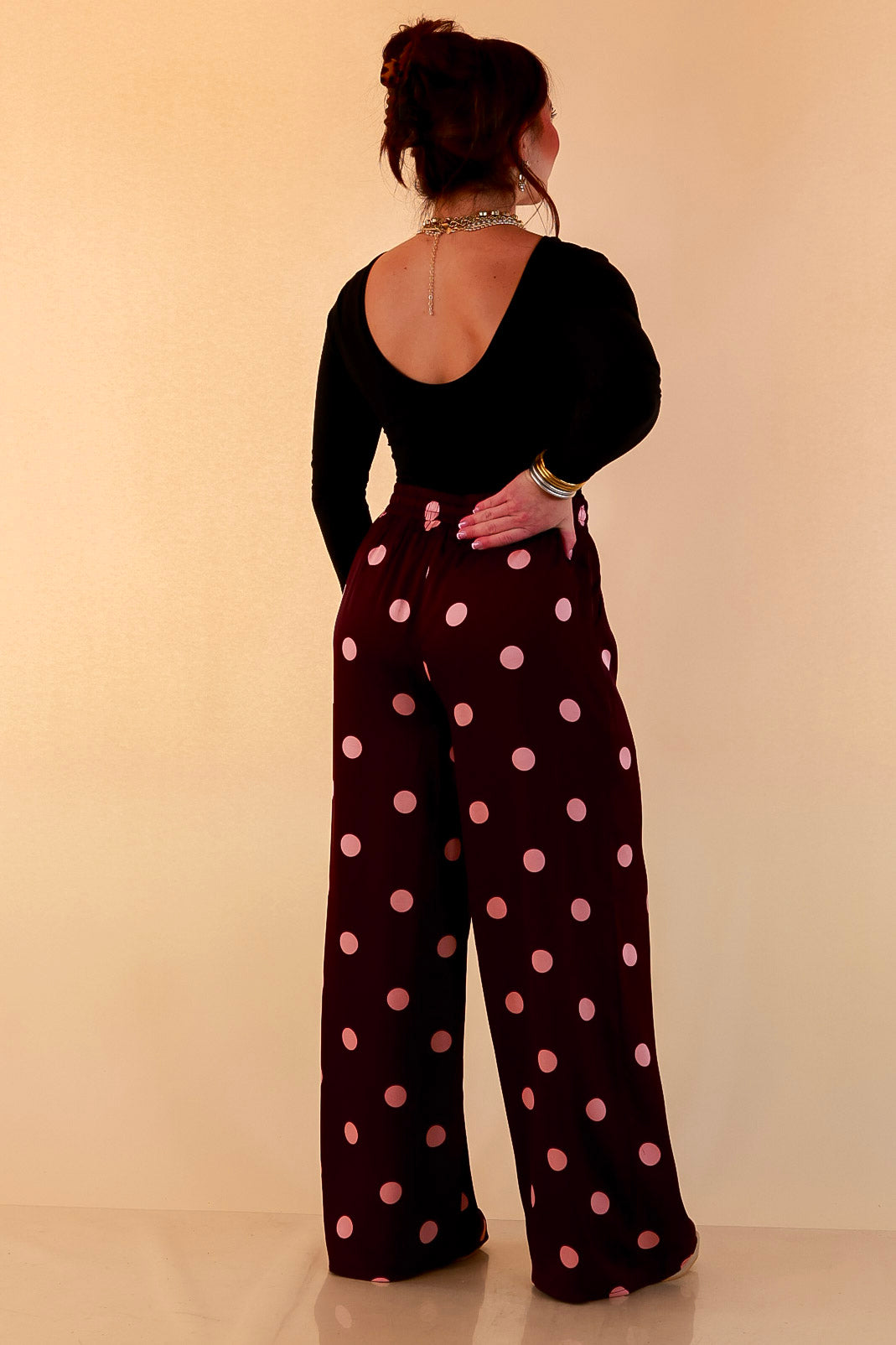 Two of a Kind Full Length Wide Leg Pull-On Drawstring Blush Pink Polka Dot Pants in Maroon