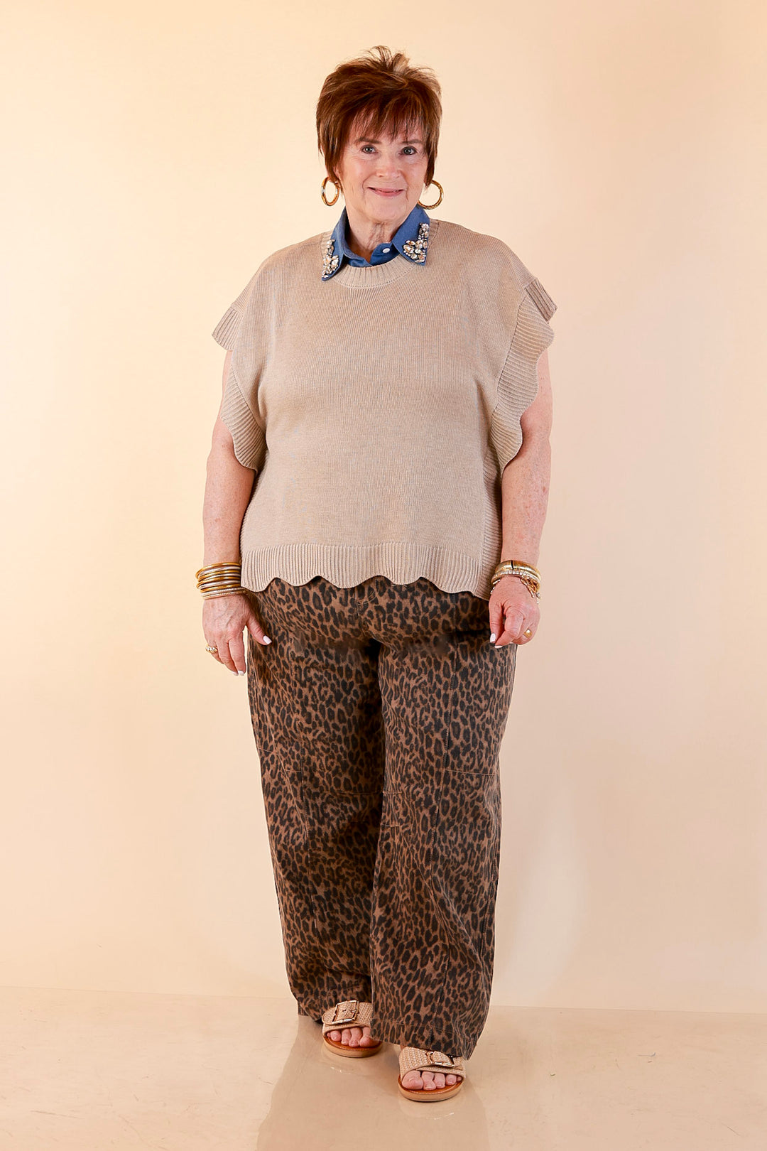 Mud Pie | Sweet Simplicity Scalloped Edge Side Tie Knit One Sized Poncho Sweater in Tan