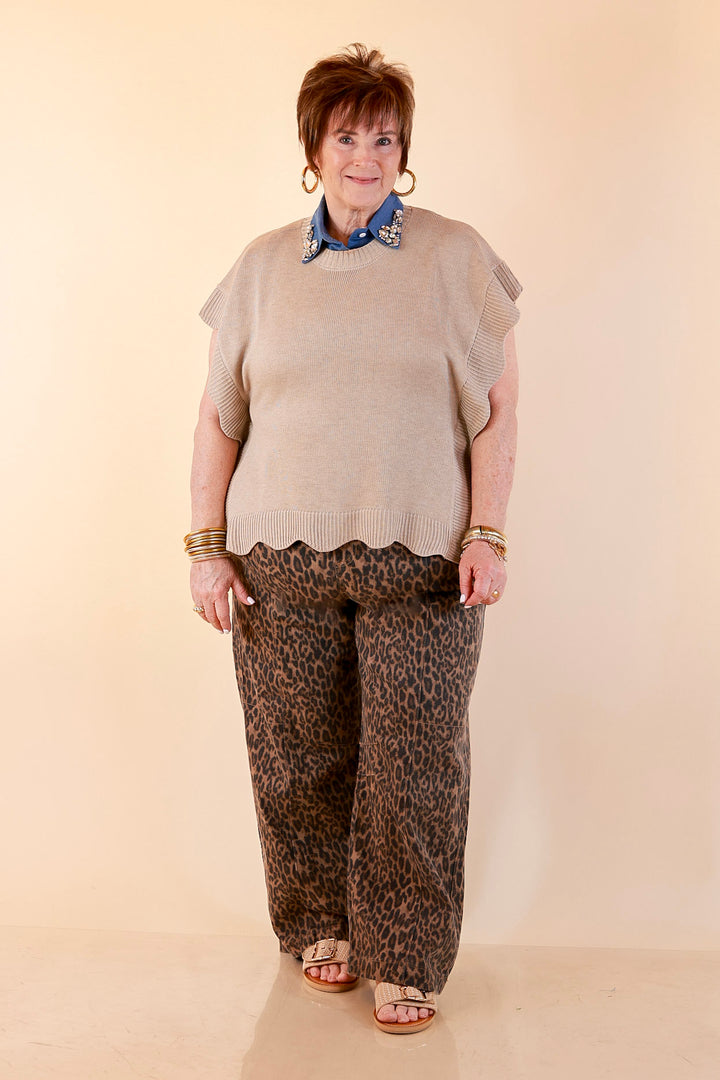 Mud Pie | Sweet Simplicity Scalloped Edge Side Tie Knit One Sized Poncho Sweater in Tan