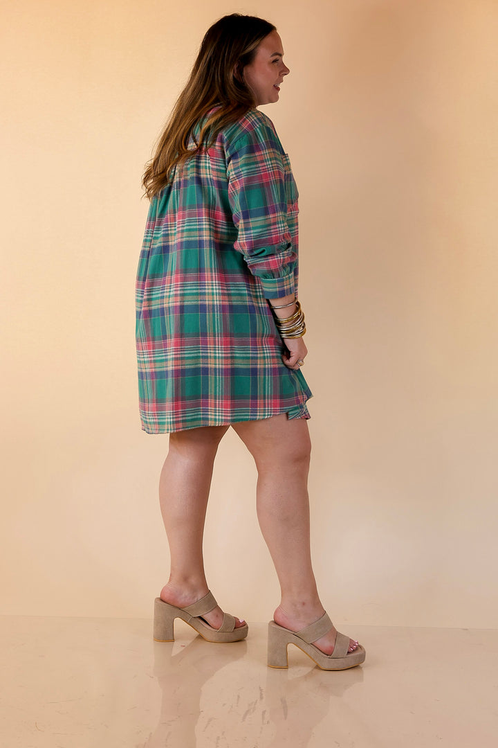 Vibrant Lifestyle Plaid Button Up Dress in Teal and Pink