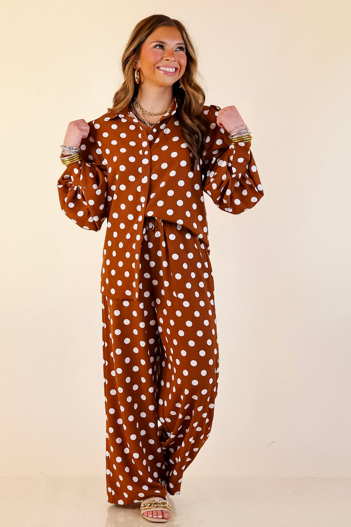 Better Together Polka Dot Button Up Collared Top with Poofy Sleeves in Brown