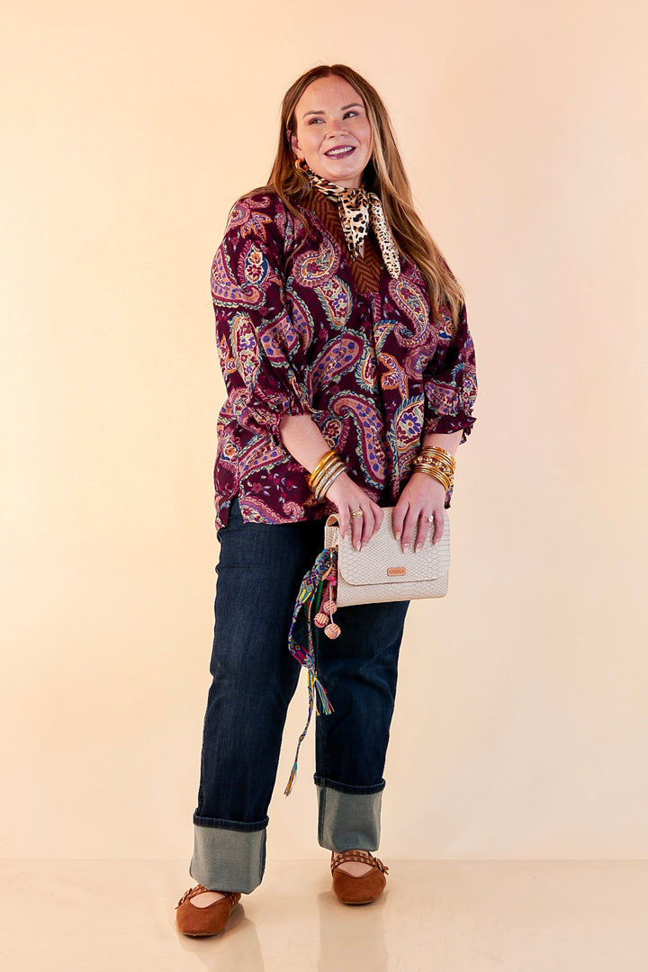 Caught My Eye Ruffle Contrast Stripe Detail Neck Balloon Sleeve Paisley Print Blouse in Plum Purple Mix
