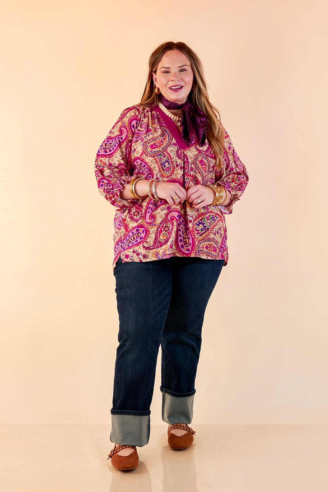 Caught My Eye Ruffle Contrast Stripe Detail Neck Balloon Sleeve Paisley Print Blouse in Fuchsia Pink Multi