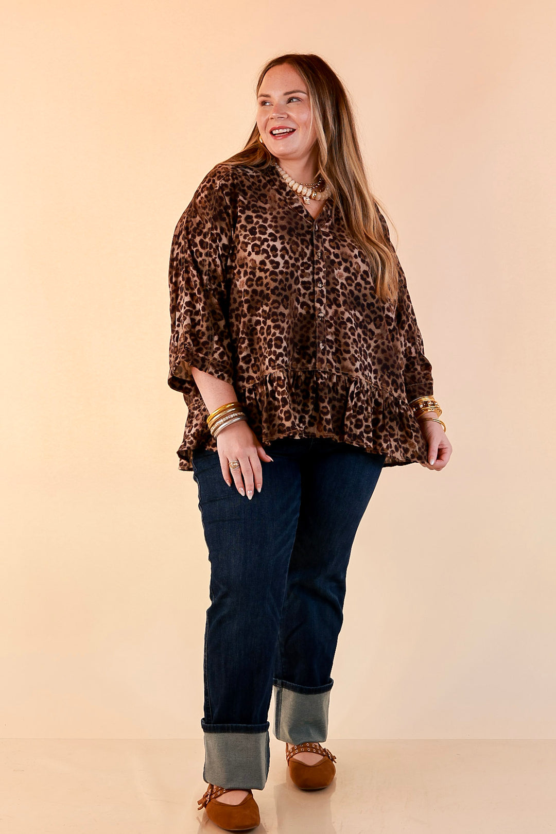 Quite the Impression Collared Button Front Leopard Print Peplum Top in Brown Multi