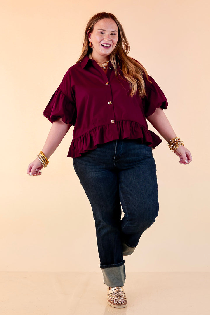 Style in Session Solid Button Down Peplum Bubble Sleeve Top in Maroon