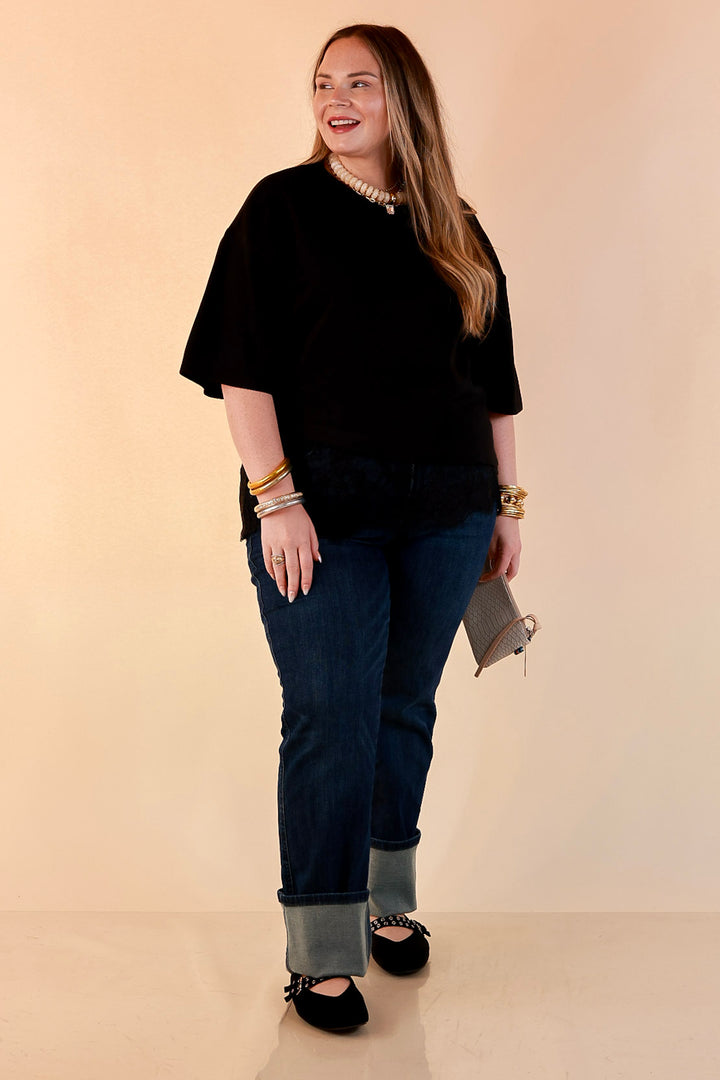 Laced with Charm Oversized Asymmetrical Lace Trim Boxy Top in Black
