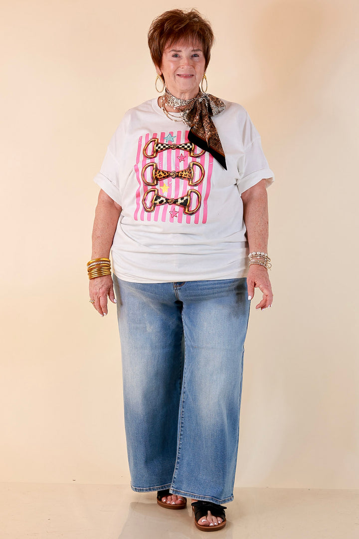 Bit of Charm Horse Bit Printed Short Sleeve Graphic Tee with Stripes and Star Detailing in White