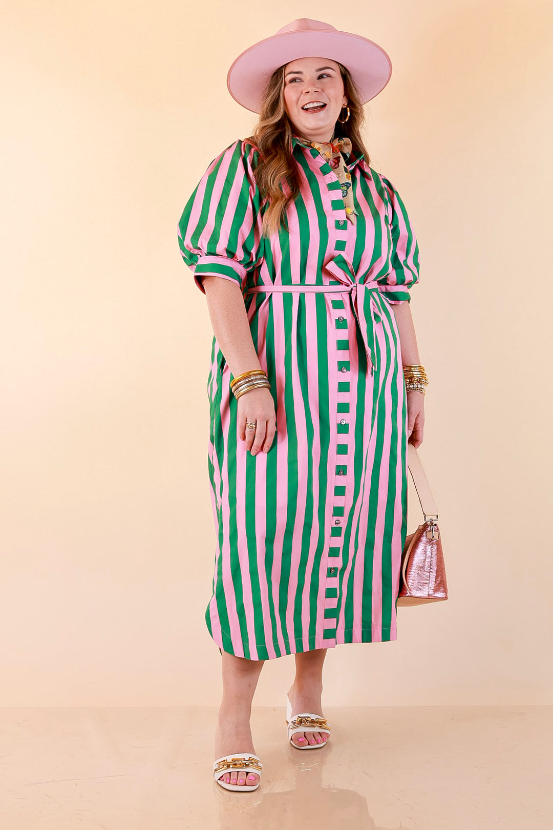 Palm Springs Pretty Puff Sleeve Button Front Belted Midi Dress with Stripe Print in Pink and Kelly Green