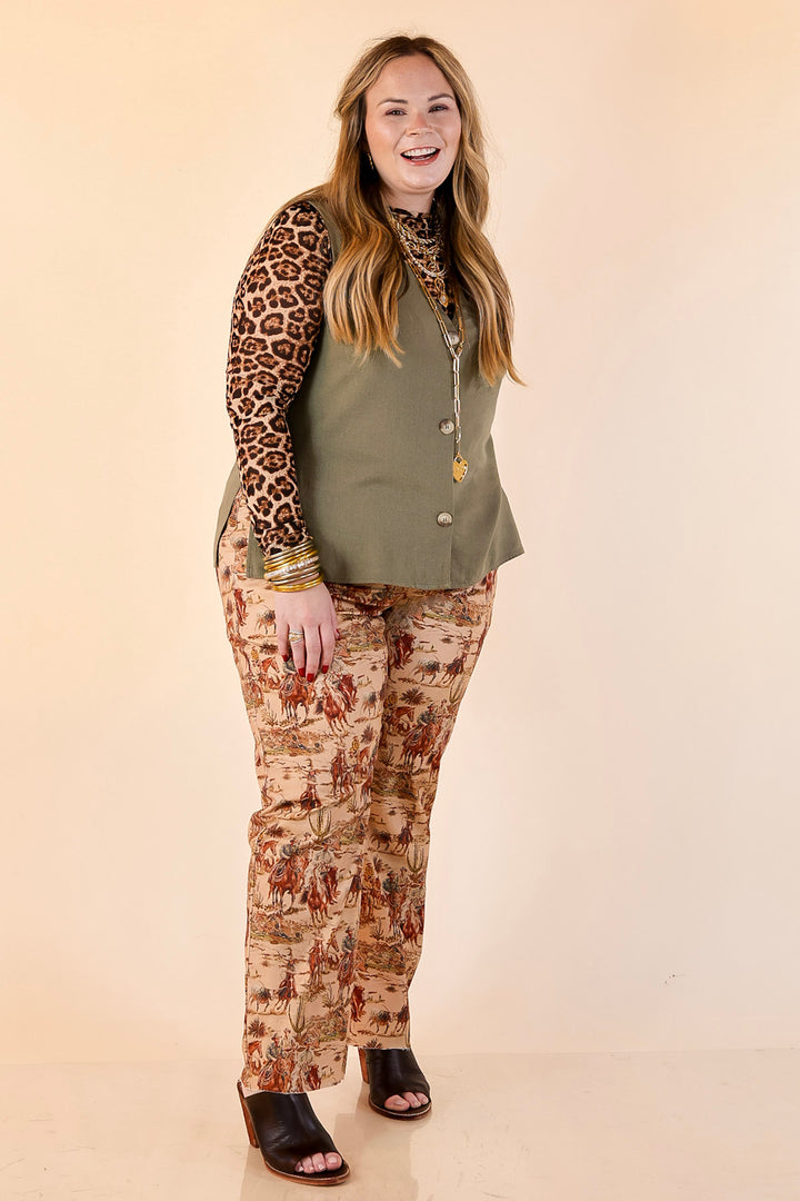 Story of the West Straight Leg Raw Hem Western Print Pants in Taupe Brown